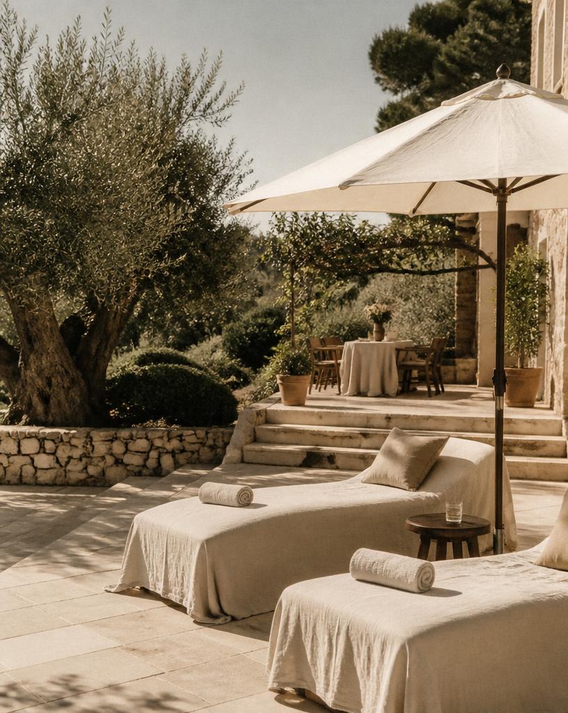 Linen loungers under a parasol on a Mediterranean terrace