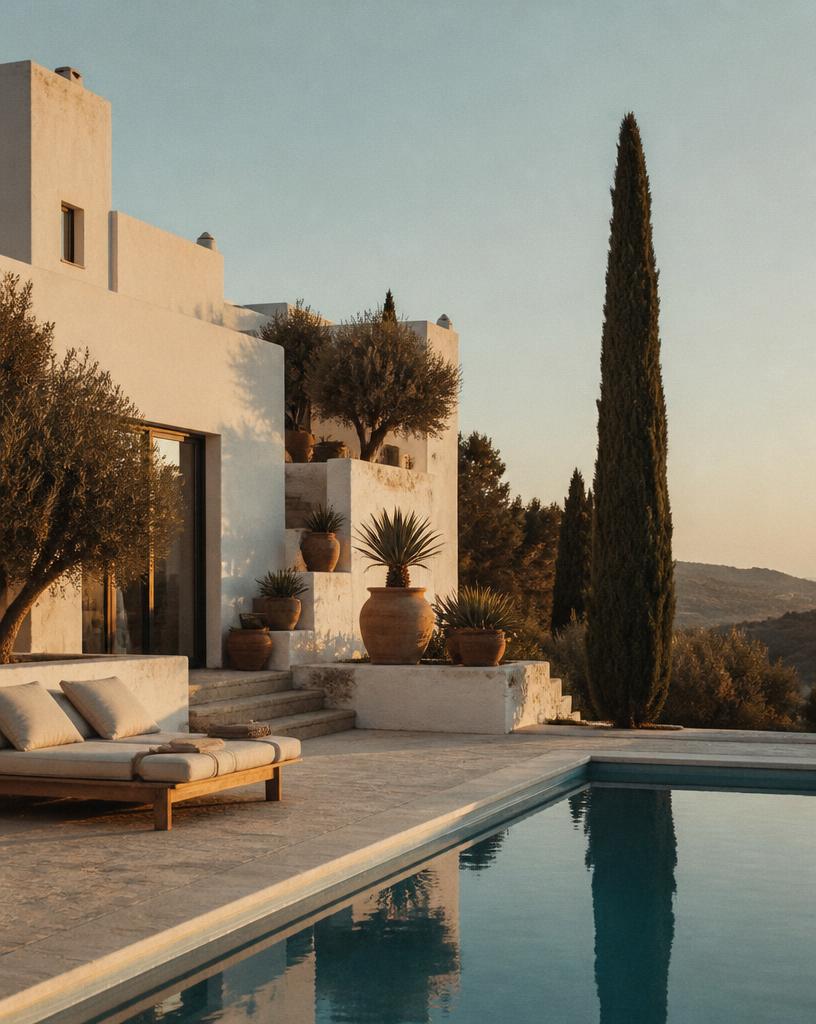 Whitewashed villa and pool at golden hour