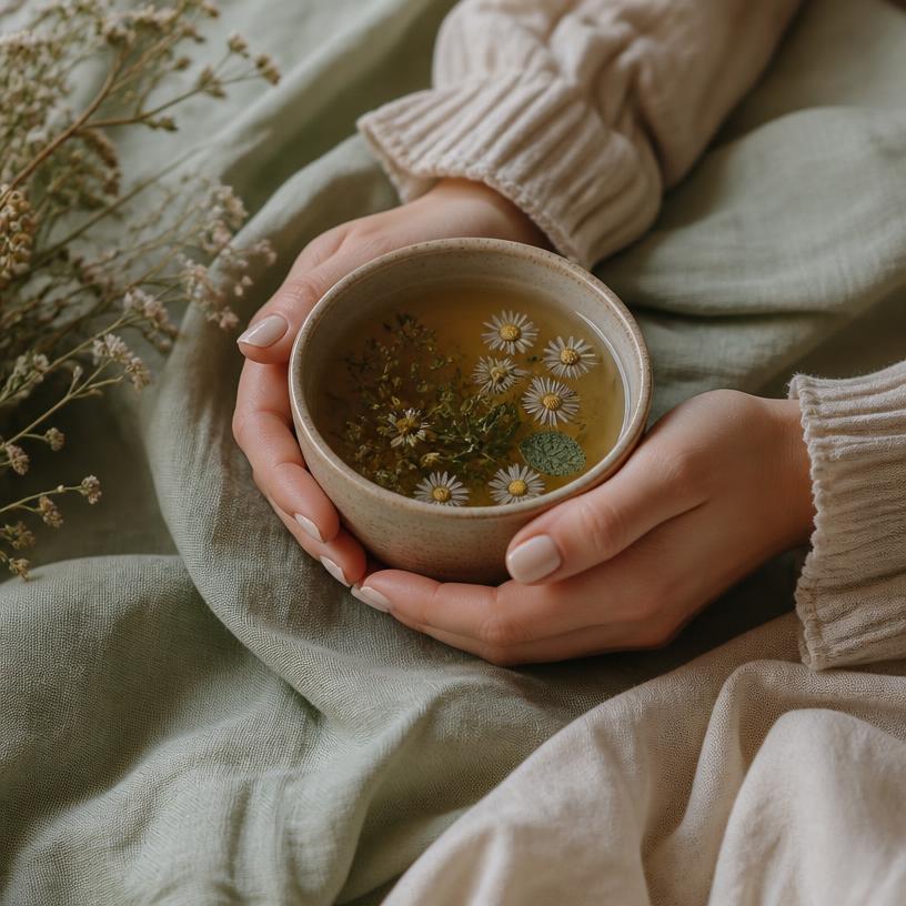Hands holding a warm cup of herbal tea