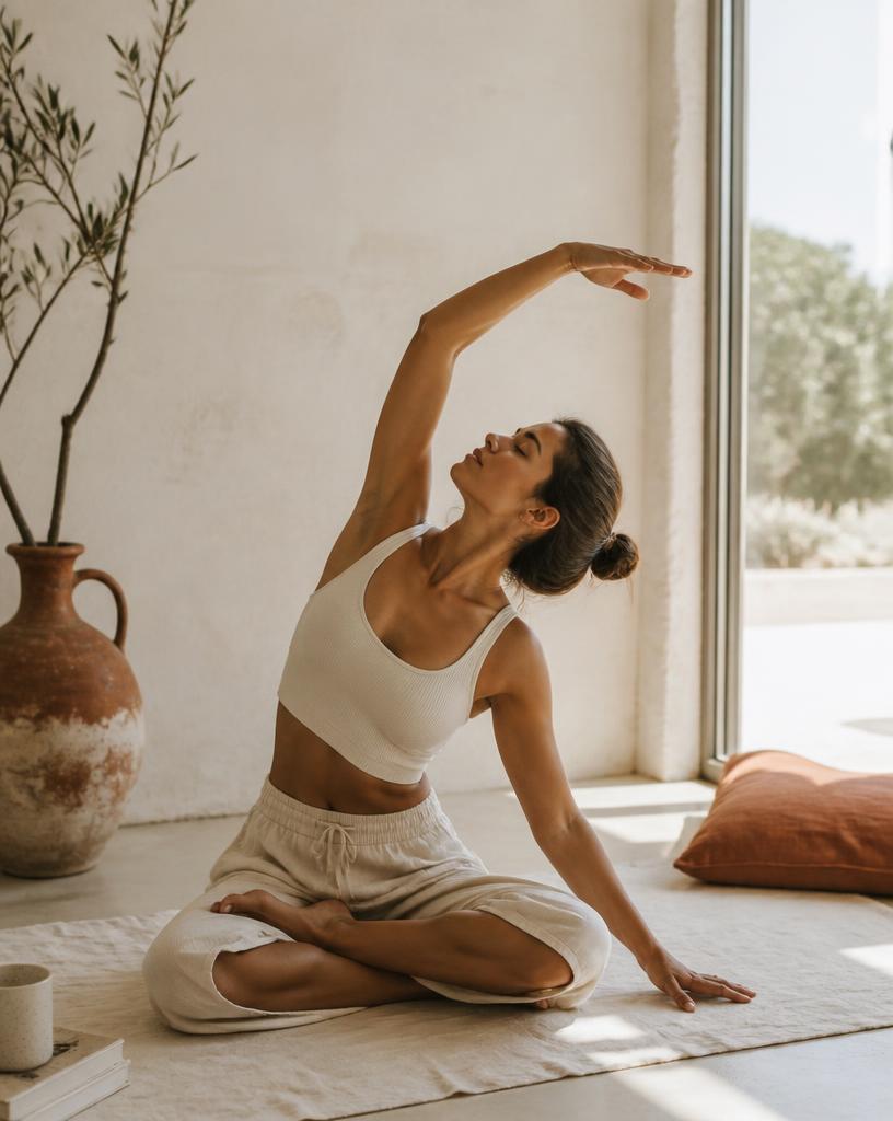 Woman stretching on a linen mat by an open window