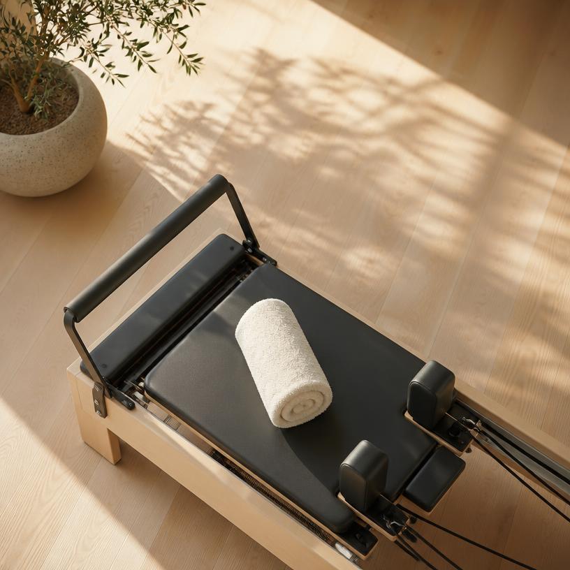 Pilates reformer with rolled towel in soft morning light