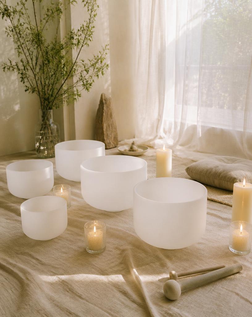 Crystal singing bowls and candles on pale linen